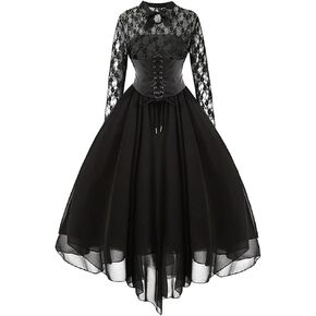 Women's Sleeveless/Long Sleeves Gothic Dress with Corset Halter Lace Swing Cocktail Dress