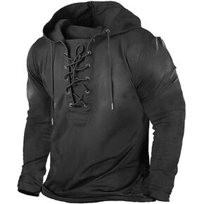 Beotyshow Mens Retro Tactical Long/Short Sleeve Hoodies Outdoor Sports Pullover Distressed Lace Up Hooded Shirts