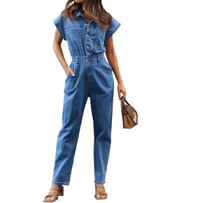 Tongmingyun Women's Cap Sleeve Denim Jumpsuit Button Down Straight Leg Jeans Long Pants Rompers with Pockets
