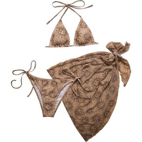 SOLY HUX Women's 3 Piece Swimsuits Print Halter Triangle Tie Side Bikini Bathing Suit with Cover Up Beach Skirt