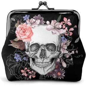 Skull And Flowers Day Of The Dead Leather Coin Purse Small Kiss-Lock Change Pouch Clasp Closure Buckle Wallet for Women Girl in Kuwait