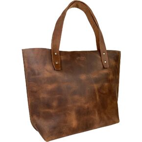 Heather's, Minimalist Handbag with Handle Handmade from Full Grain Leather - Durable, Spacious Bag, Classy, Vintage Purse, Travel & Shopping - Bourbon Brown in Saudi Arabia