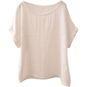 Soojun Women's Cotton Linen Round Collar Boxy Top Patchwork Blouses