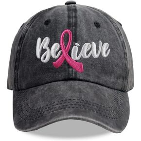 SHANVANKE Breast Cancer Awareness Hat for Women, Embroidered Adjustable Believe Pink Ribbon Logo Cotton Denim Baseball Cap