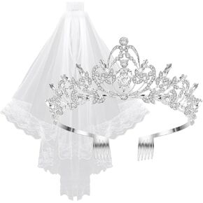 Welltop Crystal Princess Crowns and Tiaras with Comb Double Layer Lace Bachelorette Veil Women Girls Hair Accessories for Bridal Shower Party Halloween Costumes First Communion Veil Bride to Be Gifts in Kuwait