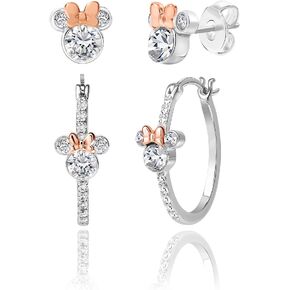Disney Minnie Mouse Mommy & Me Silver Plated Cubic Zirconia and Crystal Hoops and Stud Earrings Set - Mother Daughter Jewelry - Disney Earrings