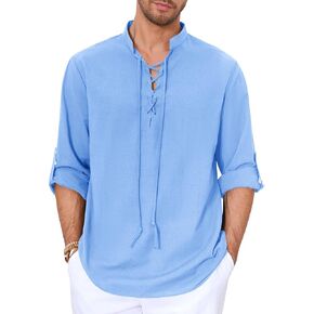 Mens Cotton Linen Shirts Lace Up Short/Long Sleeve Henley Pirate Shirt Casual V Neck for Beach Renaissance Viking Hippie