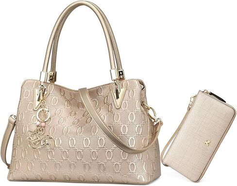 طقم حقيبة يد ومحفظة جلدية مكونة من قطعتين، حقائب كتف نسائية مع محفظة نسائية (ذهبي) in Kuwait