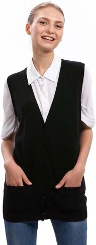 سترة صوفية سوداء للنساء من Citizen Cashmere - سترة 100% كشمير بدون أكمام ورقبة على شكل حرف V مع جيوب أمامية in Kuwait