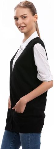 سترة صوفية سوداء للنساء من Citizen Cashmere - سترة 100% كشمير بدون أكمام ورقبة على شكل حرف V مع جيوب أمامية in Kuwait