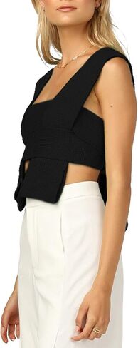 سترة نسائية قصيرة بدون أكمام وربطة عنق بدون ظهر محبوك ورقبة على شكل حرف V سترة غير رسمية بدون أكمام سترة علوية in Kuwait