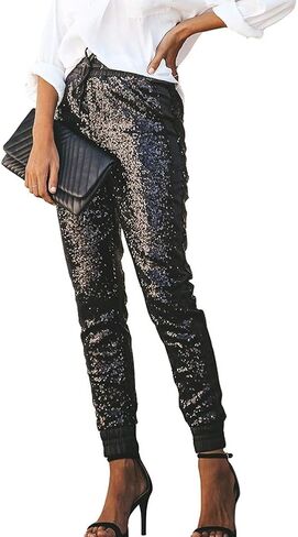 ALLUMK Womens Black Sequin Bling Legging Joggers Pencil Pants with Drawstring in Saudi Arabia