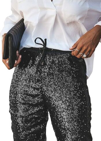 ALLUMK Womens Black Sequin Bling Legging Joggers Pencil Pants with Drawstring in Saudi Arabia