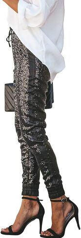 ALLUMK Womens Black Sequin Bling Legging Joggers Pencil Pants with Drawstring in Saudi Arabia