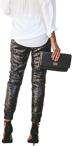 ALLUMK Womens Black Sequin Bling Legging Joggers Pencil Pants with Drawstring in Saudi Arabia