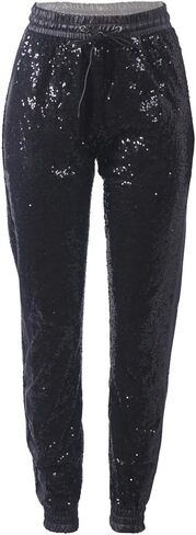 ALLUMK Womens Black Sequin Bling Legging Joggers Pencil Pants with Drawstring in Saudi Arabia