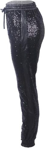 ALLUMK Womens Black Sequin Bling Legging Joggers Pencil Pants with Drawstring in Saudi Arabia