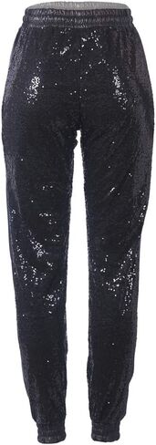 ALLUMK Womens Black Sequin Bling Legging Joggers Pencil Pants with Drawstring in Saudi Arabia