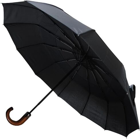 COLLAR AND CUFFS LONDON - Rare 12 Rib Compact Umbrella, 4 Extra For Strength - 50mph Strong Reinforced Windproof Frame with Fiberglass - Vented Canopy - Auto Open & Close - Wooden Hook Handle - Black in Saudi Arabia