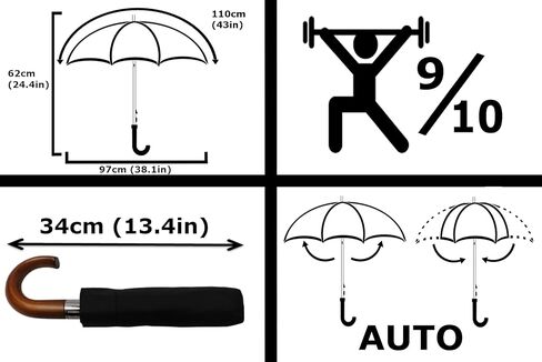 COLLAR AND CUFFS LONDON - Rare 12 Rib Compact Umbrella, 4 Extra For Strength - 50mph Strong Reinforced Windproof Frame with Fiberglass - Vented Canopy - Auto Open & Close - Wooden Hook Handle - Black in Saudi Arabia