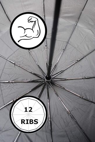COLLAR AND CUFFS LONDON - Rare 12 Rib Compact Umbrella, 4 Extra For Strength - 50mph Strong Reinforced Windproof Frame with Fiberglass - Vented Canopy - Auto Open & Close - Wooden Hook Handle - Black in Saudi Arabia