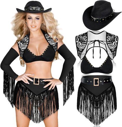 Panitay 5 Pcs Cowgirl Costume Set for Women Adult Western Outfits Cowboy Hat Felt Studded Elastic Tassel Shorts in Saudi Arabia