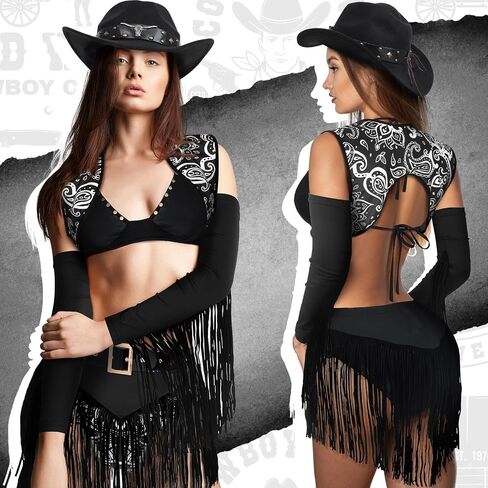 Panitay 5 Pcs Cowgirl Costume Set for Women Adult Western Outfits Cowboy Hat Felt Studded Elastic Tassel Shorts in Saudi Arabia