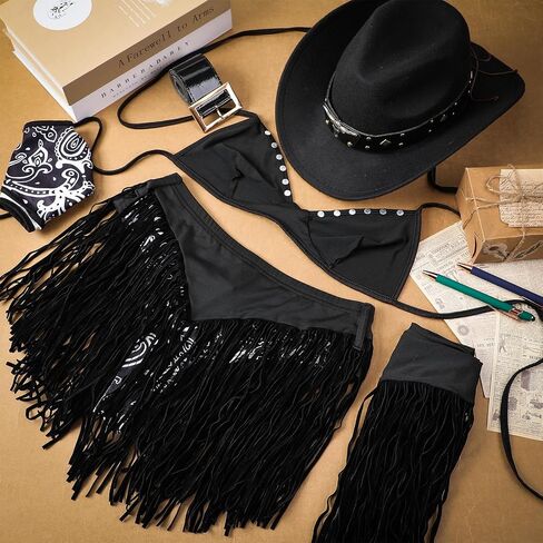Panitay 5 Pcs Cowgirl Costume Set for Women Adult Western Outfits Cowboy Hat Felt Studded Elastic Tassel Shorts in Saudi Arabia