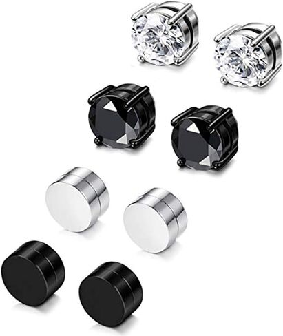 4 Pairs Stainless Steel Magnetic Stud Earrings for Men Women Non Piercing Clip on CZ Earrings 6MM (4 Pairs a Set,6MMBlack + Silver) in Saudi Arabia