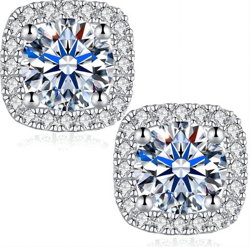 Tunzug Square Halo 2ct / أقراط مويسانيتي مزدوجة 18 قيراط مطلية بالذهب الأبيض 925 فضة استرليني قطع مستديرة رائعة D اللون VVS1 أقراط مرصعة بالماس مويسانيتي شفاف in Kuwait
