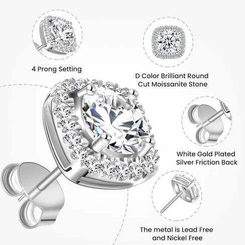 Tunzug Square Halo 2ct / أقراط مويسانيتي مزدوجة 18 قيراط مطلية بالذهب الأبيض 925 فضة استرليني قطع مستديرة رائعة D اللون VVS1 أقراط مرصعة بالماس مويسانيتي شفاف in Kuwait