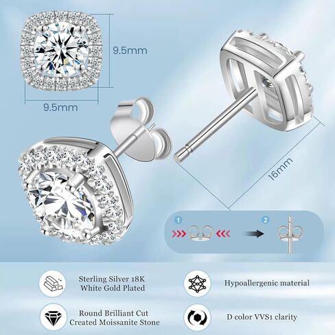 Tunzug Square Halo 2ct / أقراط مويسانيتي مزدوجة 18 قيراط مطلية بالذهب الأبيض 925 فضة استرليني قطع مستديرة رائعة D اللون VVS1 أقراط مرصعة بالماس مويسانيتي شفاف in Kuwait