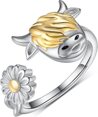Highland Cow Open Ring 925 Sterling Silver Adjustable Cute Cow Open Rings with Loving Heart Cow Jewelry Gift for Women Girl in Kuwait