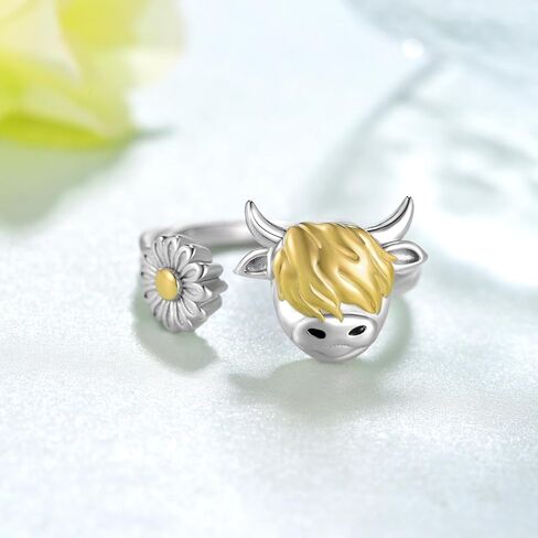 Highland Cow Open Ring 925 Sterling Silver Adjustable Cute Cow Open Rings with Loving Heart Cow Jewelry Gift for Women Girl in Kuwait