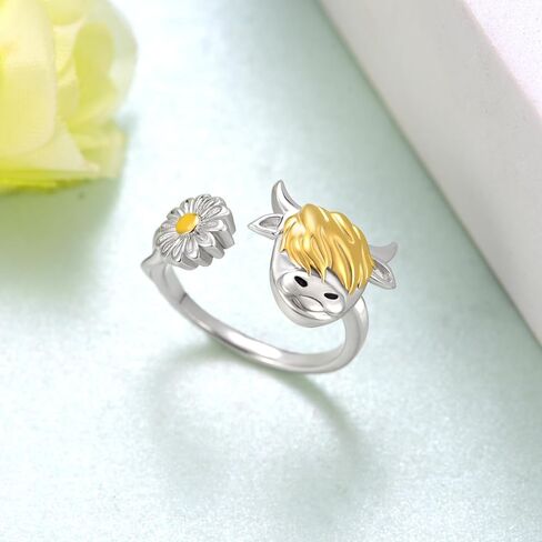 Highland Cow Open Ring 925 Sterling Silver Adjustable Cute Cow Open Rings with Loving Heart Cow Jewelry Gift for Women Girl in Kuwait
