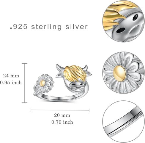 Highland Cow Open Ring 925 Sterling Silver Adjustable Cute Cow Open Rings with Loving Heart Cow Jewelry Gift for Women Girl in Kuwait