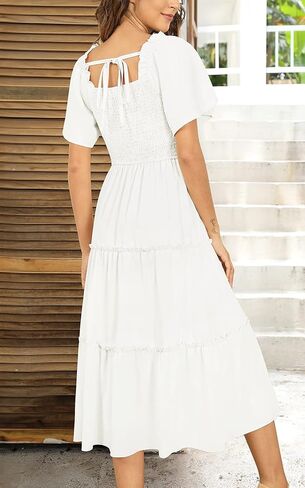 فستان Zattcas للسيدات لربيع وصيف 2023 بوهو ميدي فستان بأكمام واسعة ورقبة مربعة ومتدلية ومكشكشة للحفلات in Kuwait