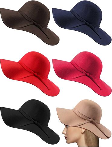 Ramede 6 Pcs Women Lady Fedora Hat Winter Floppy Wide Brim Felt Bowler Fedora Foldable Retro Felt Hats for Women Fancy Ribbon Band Floppy Hat, 6 Colors Multicolor in Saudi Arabia