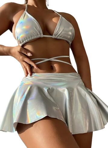 Rave Outfits for Women - Sexy Music Festival Metallic Holographic Strappy Bikini Top Bottom Beach Skirt 3 Piece Set in Kuwait