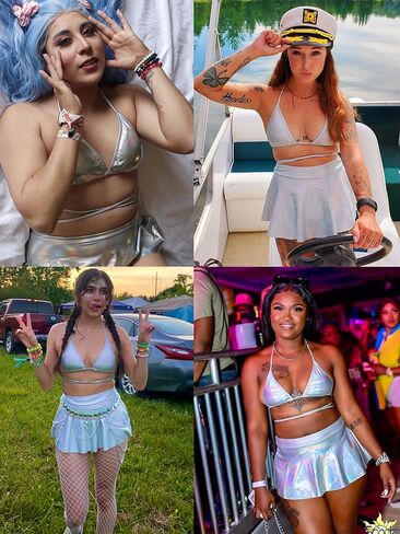 Rave Outfits for Women - Sexy Music Festival Metallic Holographic Strappy Bikini Top Bottom Beach Skirt 3 Piece Set in Kuwait