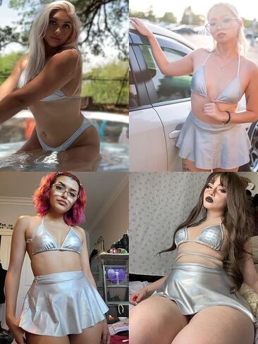 Rave Outfits for Women - Sexy Music Festival Metallic Holographic Strappy Bikini Top Bottom Beach Skirt 3 Piece Set in Kuwait