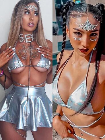 Rave Outfits for Women - Sexy Music Festival Metallic Holographic Strappy Bikini Top Bottom Beach Skirt 3 Piece Set in Kuwait