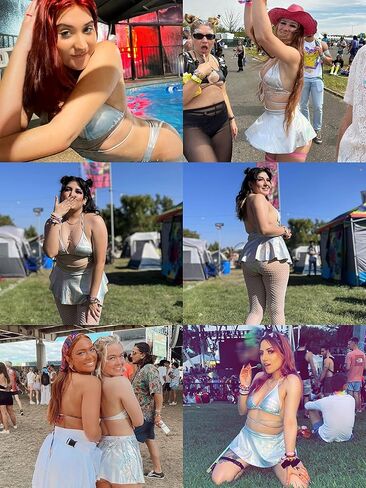 Rave Outfits for Women - Sexy Music Festival Metallic Holographic Strappy Bikini Top Bottom Beach Skirt 3 Piece Set in Kuwait