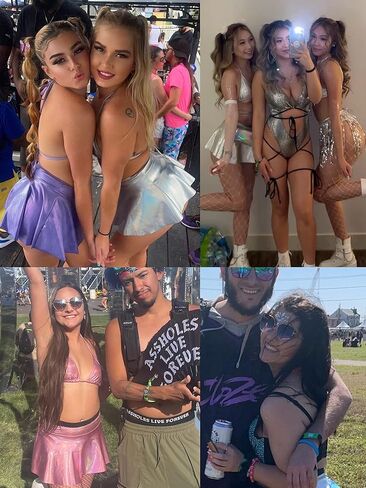 Rave Outfits for Women - Sexy Music Festival Metallic Holographic Strappy Bikini Top Bottom Beach Skirt 3 Piece Set in Kuwait