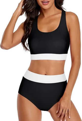 Omichic Women's High Waisted Two Piece Bikini Set Vintage Swimsuit Halter Top with Bottom Bathing Suit Sporty Swimwear in Kuwait