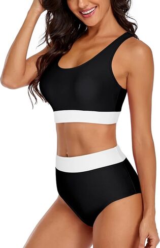 Omichic Women's High Waisted Two Piece Bikini Set Vintage Swimsuit Halter Top with Bottom Bathing Suit Sporty Swimwear in Kuwait