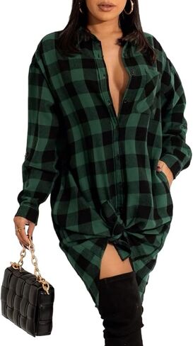 HBQ المرأة عارضة الفانيلا قمصان طويلة الأكمام زر أسفل منقوشة شاكيت المتضخم القماش القطني البلوزات منتصف طويلة أعلى in Kuwait