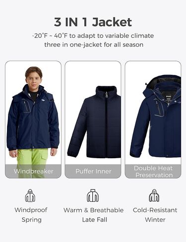 wantdo Boy's Ski Jacket Waterproof 3 in 1 Snow Coat Warm Fleece Winter Coat in Saudi Arabia