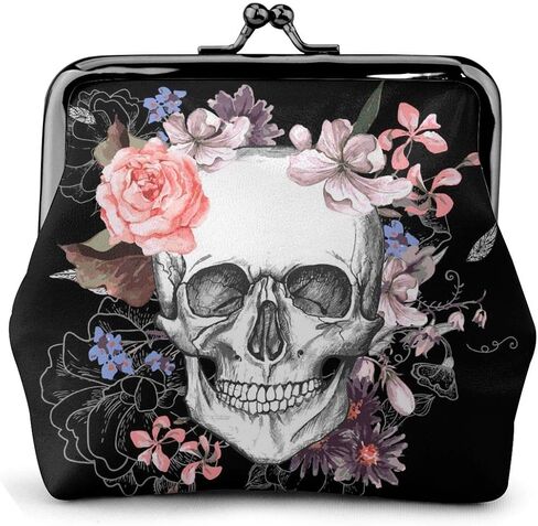 Skull And Flowers Day Of The Dead Leather Coin Purse Small Kiss-Lock Change Pouch Clasp Closure Buckle Wallet for Women Girl in Kuwait