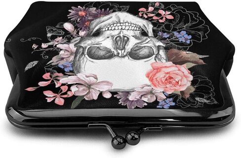 Skull And Flowers Day Of The Dead Leather Coin Purse Small Kiss-Lock Change Pouch Clasp Closure Buckle Wallet for Women Girl in Kuwait